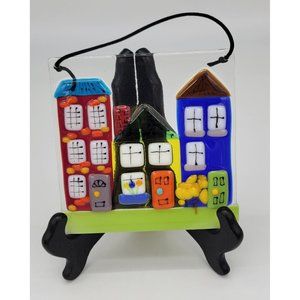 Fused Art Glass Houses 5x5 Tile Colorful